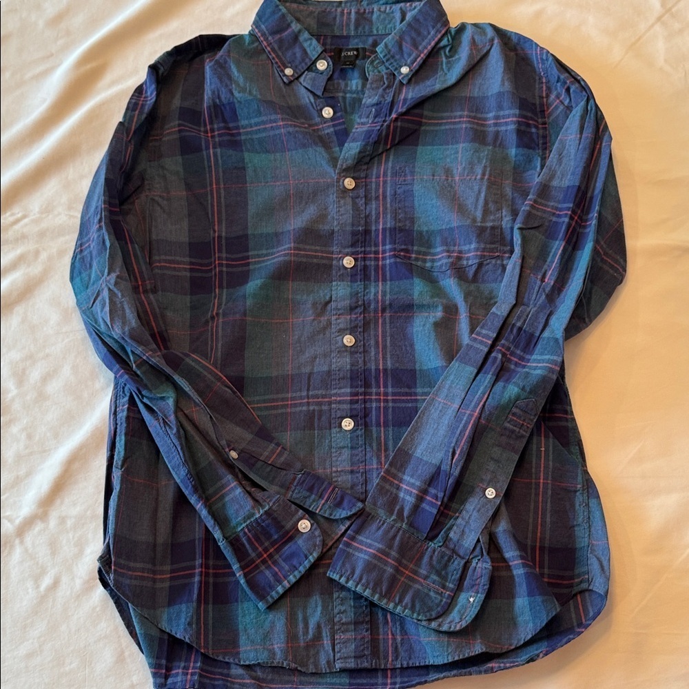 J. Crew Men's Navy and Green Plaid Shirt